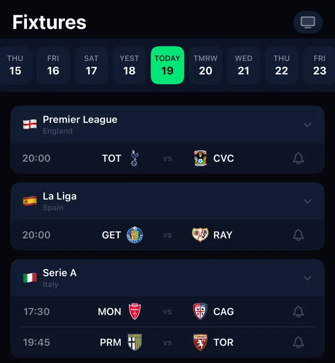 The MatchPal app’s Fixtures screen: matches by competition, each with a reminder bell